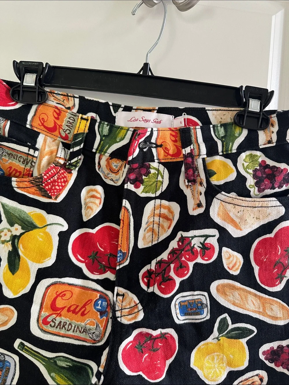Lisa Says Gah Black Multi Fruit & Food Print Jean Shorts
